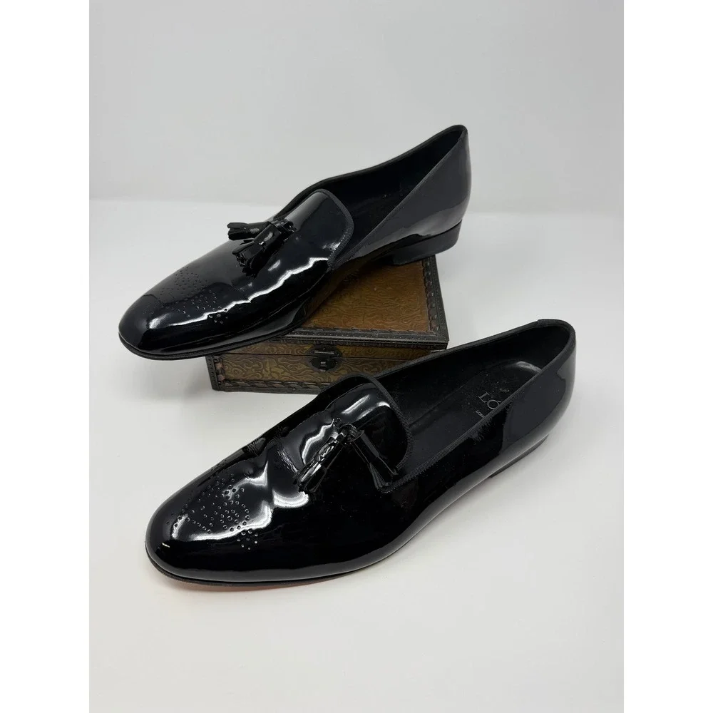 Lolu London Mens Black Patent Leather Tassel Loafers Red Sole Dress Shoes